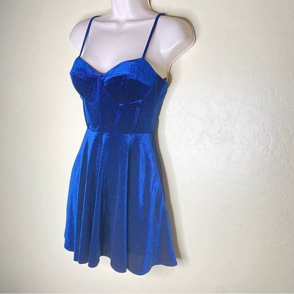 Windsor Blue Velvet Bustier Mini Dress Spaghetti Straps Shimmer Accents Size XS - Picture 5 of 16